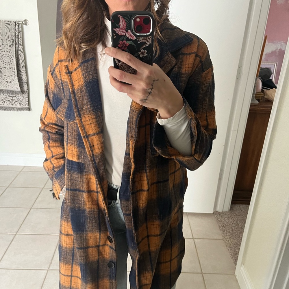 Long plaid shacket shirt jacket